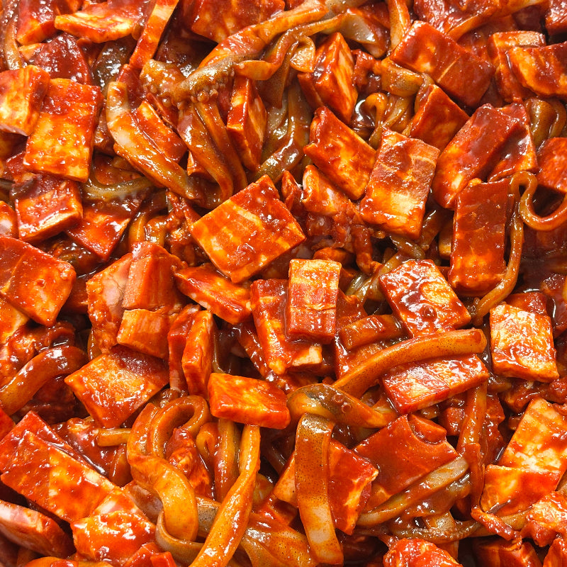 Close-up of a spicy squid and pork bulgogi